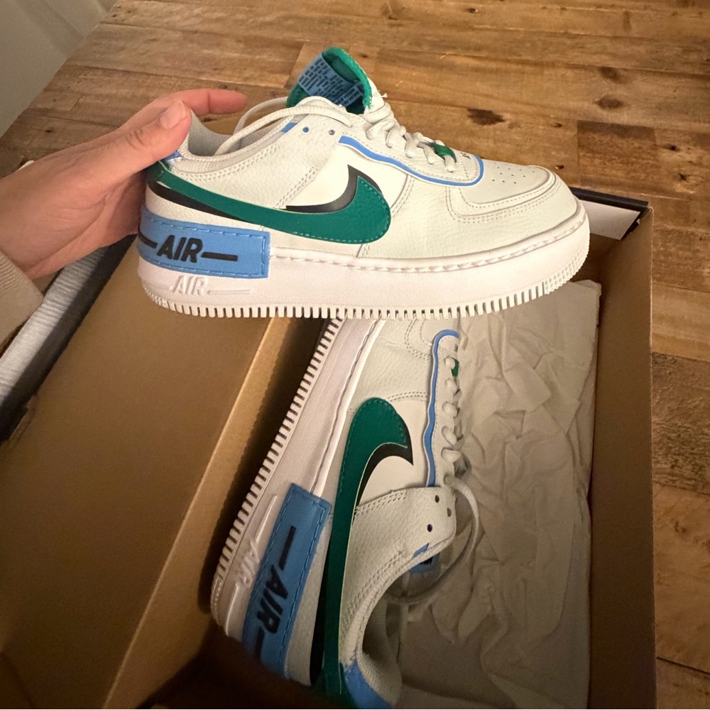 Nike Air Force 1 Cream Sneakers with Blue and Green Details - Picture 3 of 5